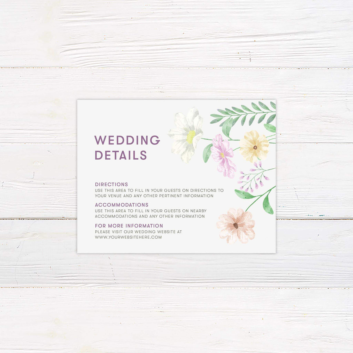 Detail card with matching pastel floral border and coordinating typography.