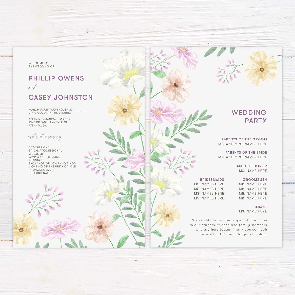 Wedding program with blush and ivory floral accents and modern script fonts.