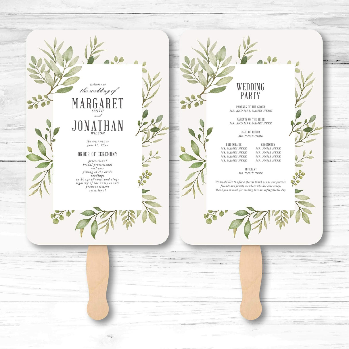 Botanical greenery wedding program fan with vine illustration, wooden handle, and double-sided layout for ceremony details and wedding party info