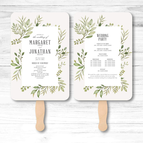 Botanical greenery wedding program fan with vine illustration, wooden handle, and double-sided layout for ceremony details and wedding party info