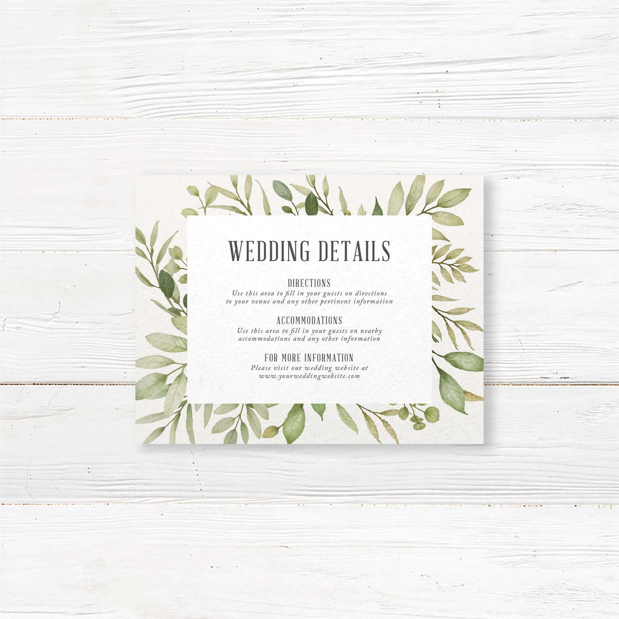 Minimalist wedding details card featuring delicate green foliage accents and elegant typography. Perfect for sharing accommodations, reception venue, and wedding website info. Printed on luxury cardstock to match rustic, botanical, and modern wedding themes.