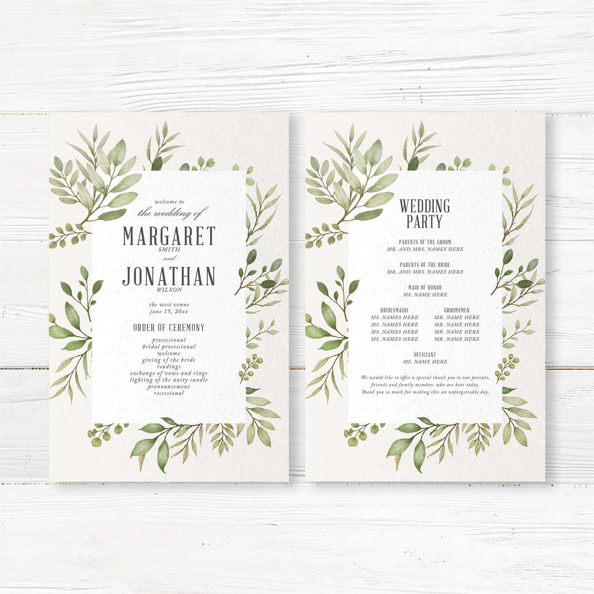 Modern botanical wedding program with soft watercolor foliage and stylish serif fonts. Custom printed on premium cardstock. Includes ceremony timeline, order of events, and bridal party names. Perfect for rustic outdoor weddings, garden ceremonies, and minimalist wedding themes.