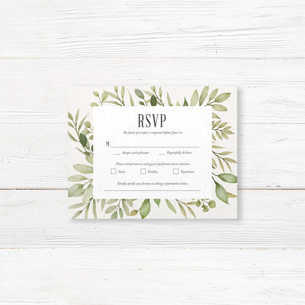 Greenery RSVP card with watercolor leaves and modern script design. Customizable with guest responses and meal selection options. Printed on thick, high-quality cardstock. Ideal for rustic, boho, and garden weddings, complementing an elegant wedding invitation suite