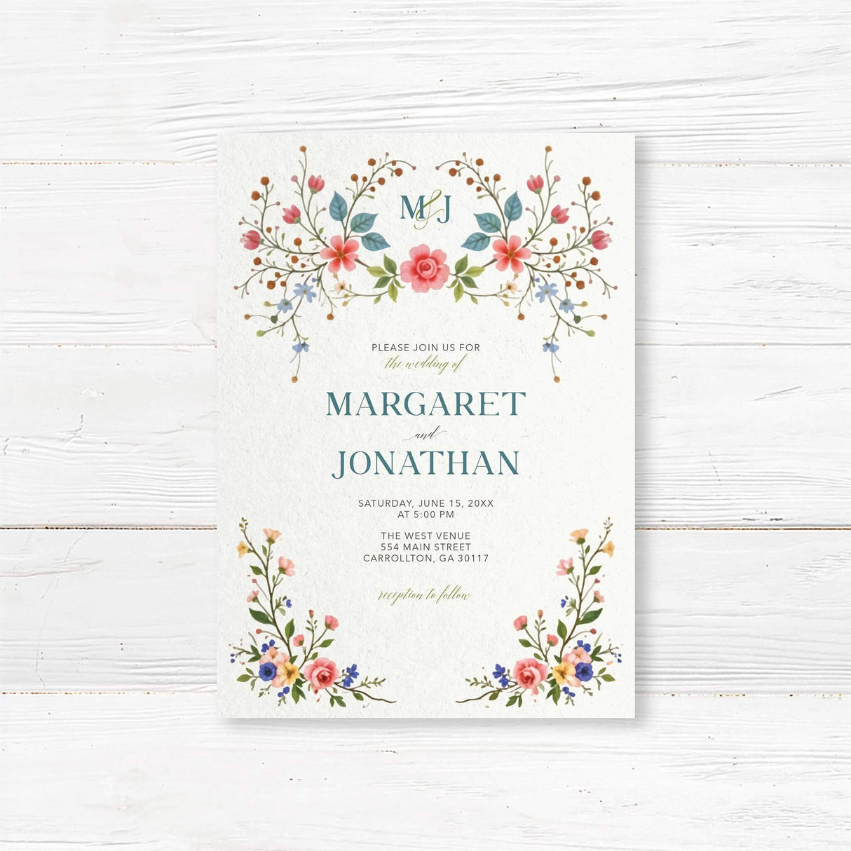 "Elegant floral wedding invitation featuring watercolor-style flowers in shades of pink, blue, and green. The invitation displays the names 'Margaret & Jonathan' in a classic serif font, with wedding details including date, time, and venue in a sophisticated layout. The design is framed with intricate floral arrangements, creating a romantic and timeless aesthetic."