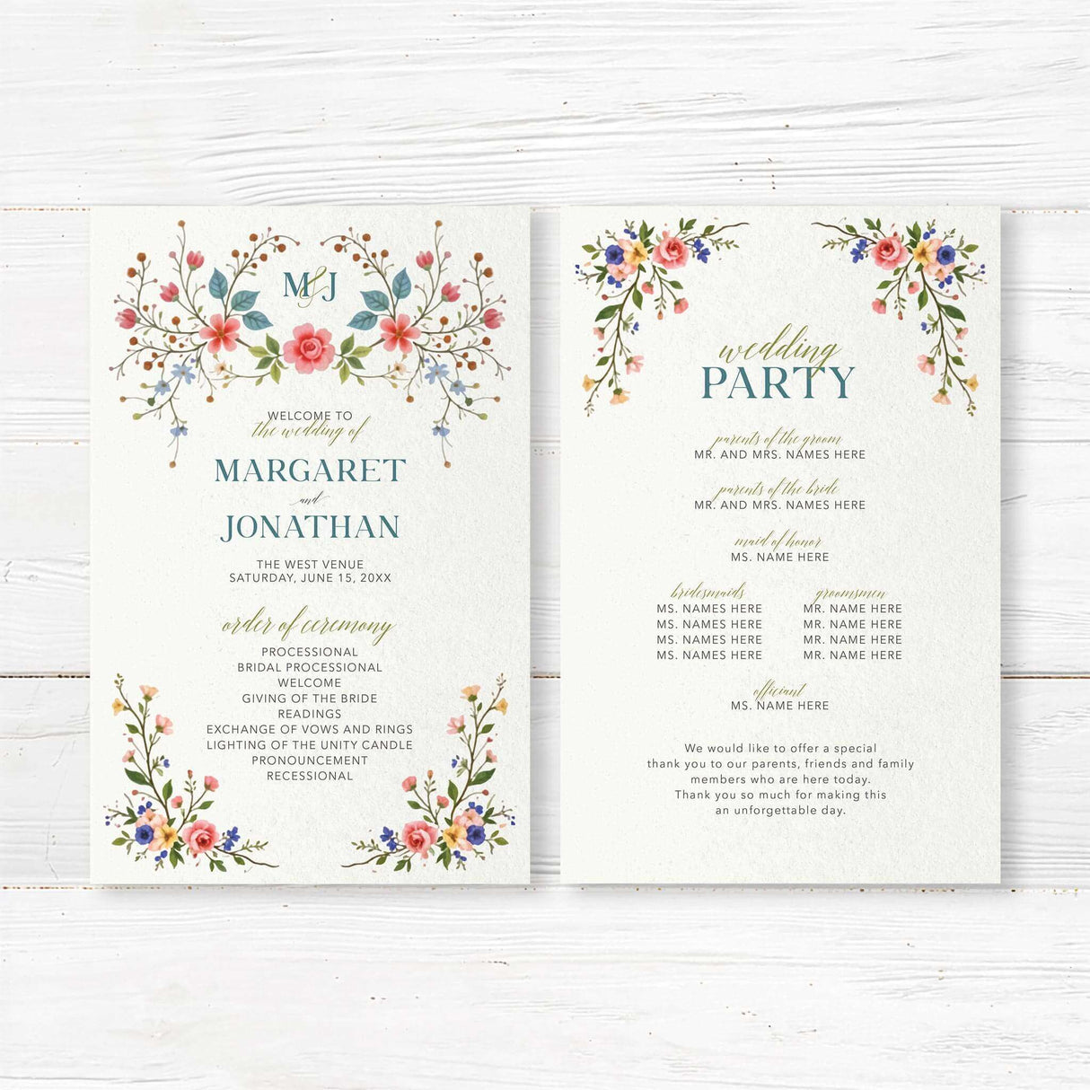A program with a background that features an elegant floral design with pink, blue, and yellow flowers, green leaves, and delicate branches adorning the top and bottom. The text is styled in a mix of serif and script fonts, creating a romantic and timeless feel. Event details, including the date, time, and venue, are clearly displayed in a well-balanced layout. This design exudes classic elegance, perfect for a garden, vintage, or floral-themed wedding celebration.