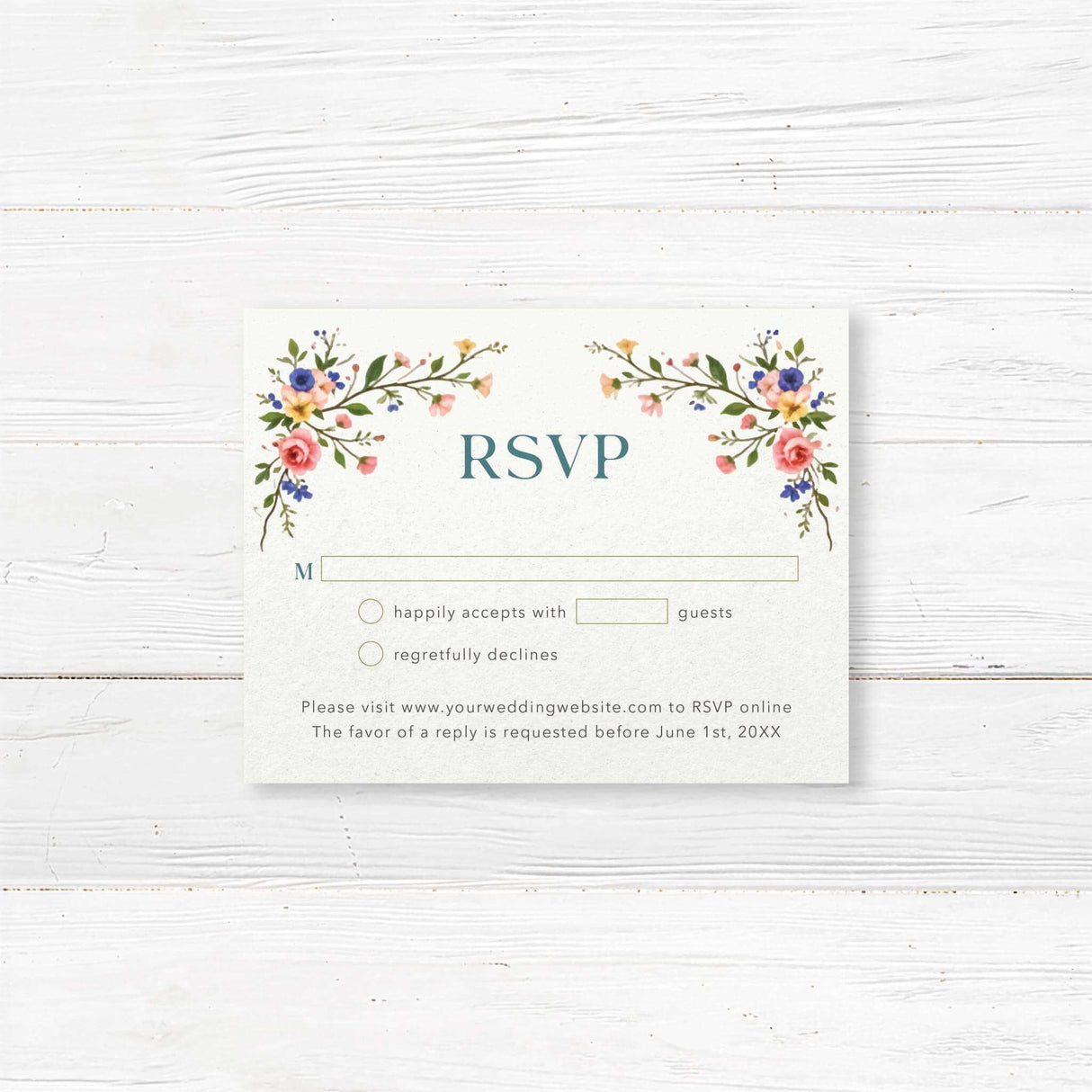 A rsvp with a background that features an elegant floral design with pink, blue, and yellow flowers, green leaves, and delicate branches adorning the top and bottom. The text is styled in a mix of serif and script fonts, creating a romantic and timeless feel. Event details, including the date, time, and venue, are clearly displayed in a well-balanced layout. This design exudes classic elegance, perfect for a garden, vintage, or floral-themed wedding celebration.