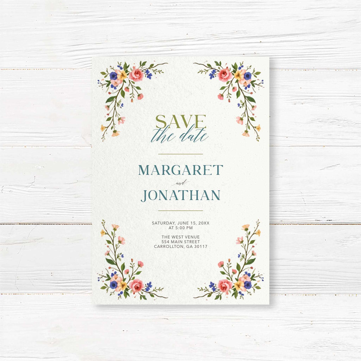 A save the date with a background that features an elegant floral design with pink, blue, and yellow flowers, green leaves, and delicate branches adorning the top and bottom. The text is styled in a mix of serif and script fonts, creating a romantic and timeless feel. Event details, including the date, time, and venue, are clearly displayed in a well-balanced layout. This design exudes classic elegance, perfect for a garden, vintage, or floral-themed wedding celebration.