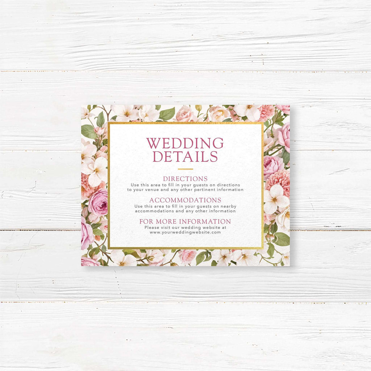 Floral wedding details card with watercolor roses and soft pastel flowers. Perfect for sharing venue, accommodations, and reception info. Printed on premium cardstock for vintage, elegant, and romantic wedding themes. Complements matching wedding invitation suites.