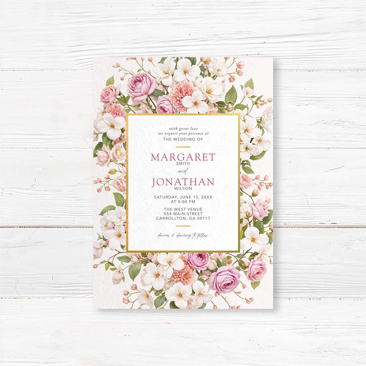 Romantic floral wedding invitation with watercolor roses, peonies, and cherry blossoms framed in gold. Customizable with names, wedding date, and venue details. Perfect for vintage, garden, and elegant ballroom weddings. Printed on premium textured cardstock with matching envelopes.