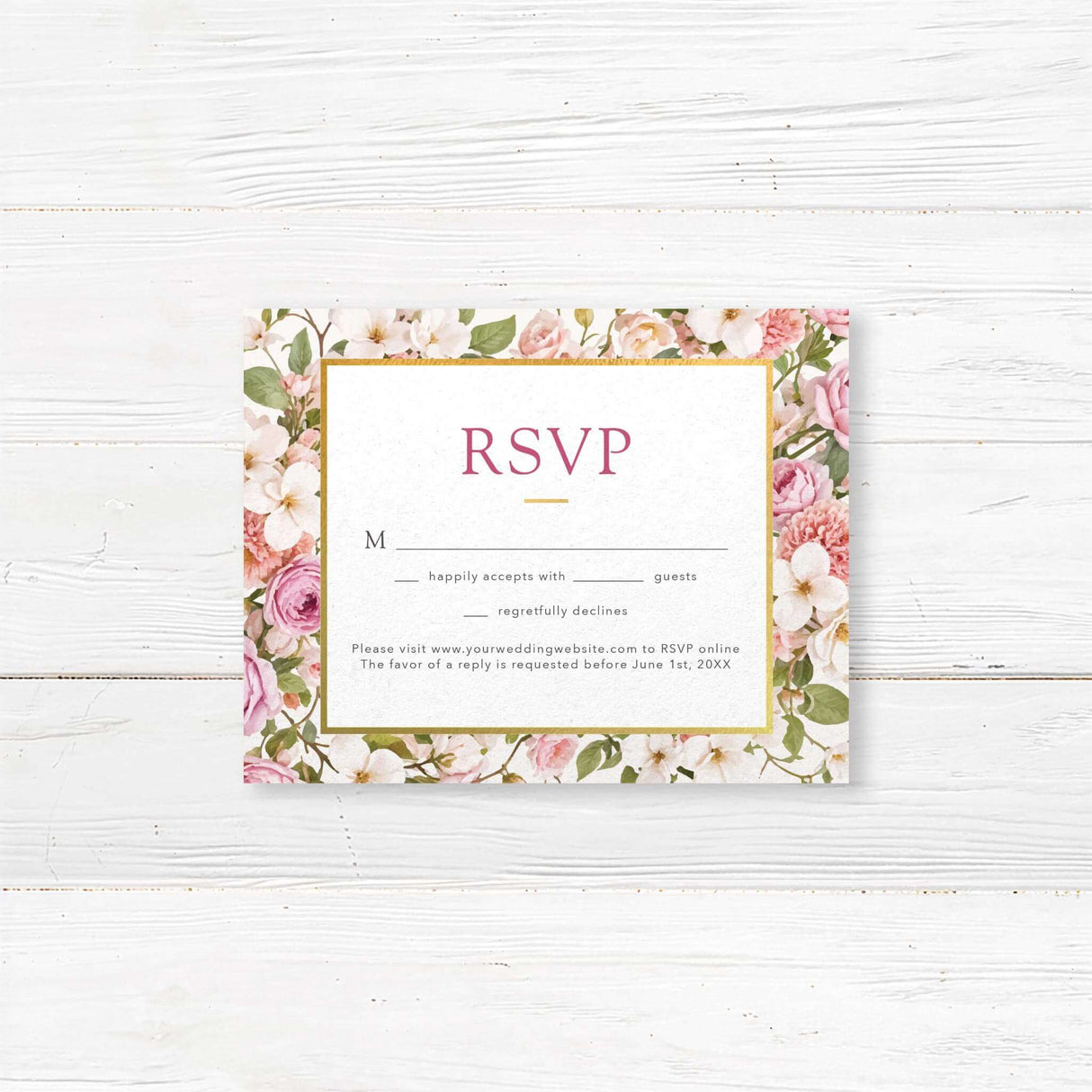 Romantic floral RSVP card with watercolor peonies, roses, and gold border. Customizable with guest response and meal selection options. Printed on premium cardstock, ideal for vintage, botanical, and elegant weddings. Pairs beautifully with floral wedding invitations