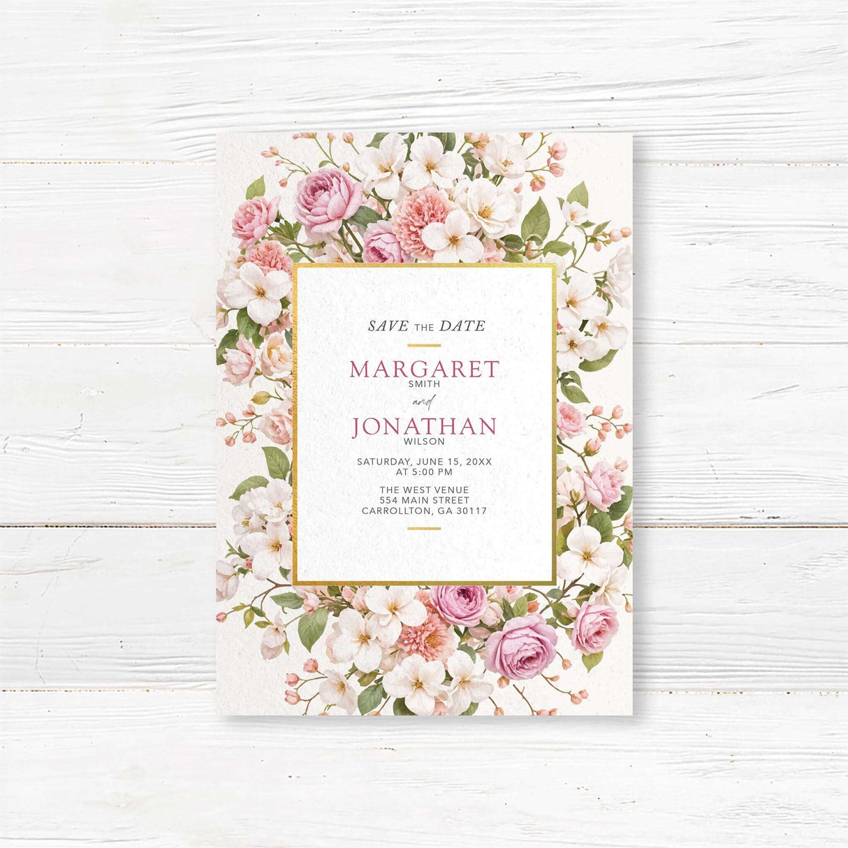 Elegant floral save the date card featuring delicate watercolor roses, peonies, and a gold-accented border. Personalized with wedding details. Printed on high-quality cardstock with optional envelopes. Perfect for classic, botanical, and vintage wedding themes.