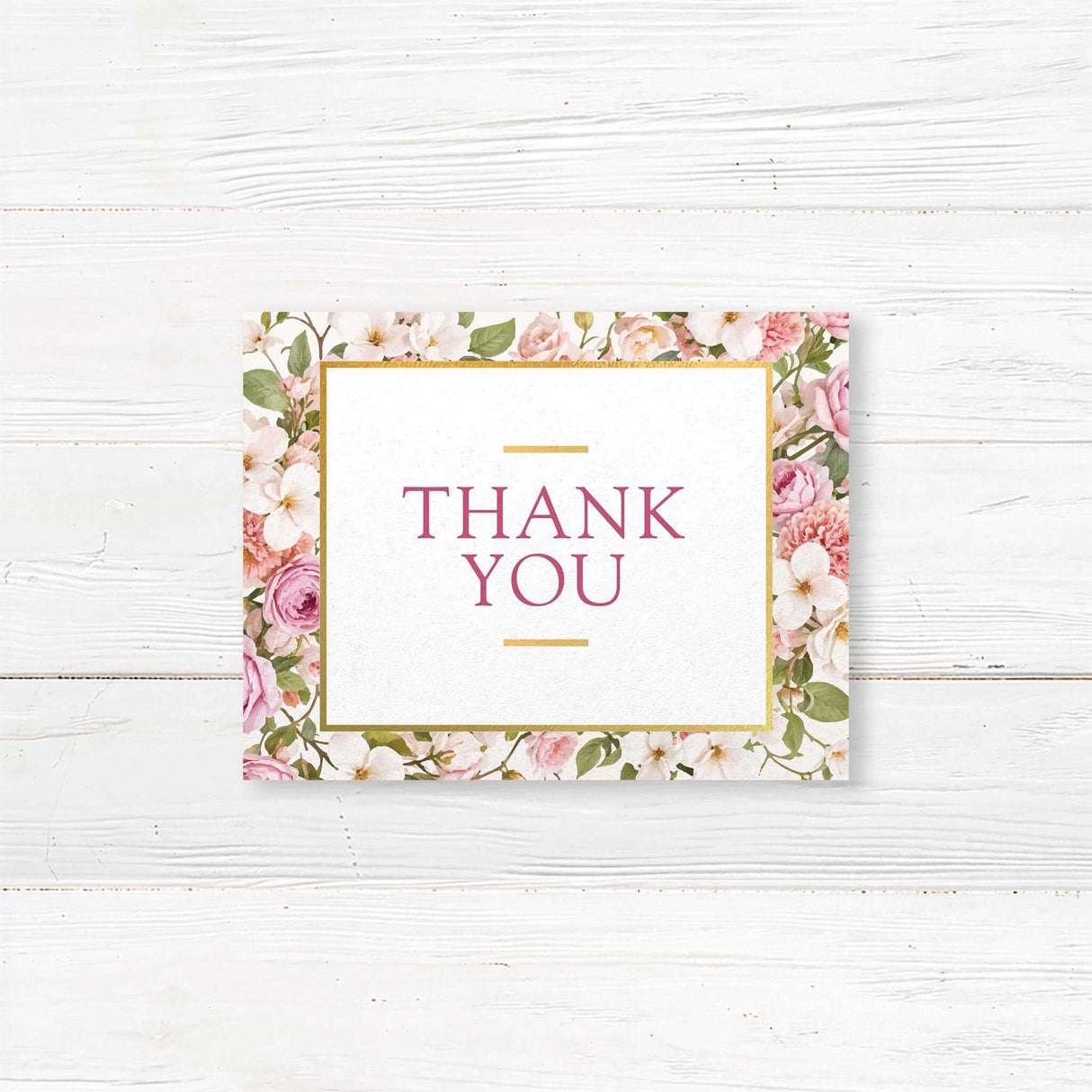 Floral wedding thank you card with watercolor roses and gold frame accents. Printed on premium cardstock with optional matching envelopes. Ideal for wedding thank yous, bridal showers, and handwritten appreciation notes. A timeless and elegant way to express gratitude.