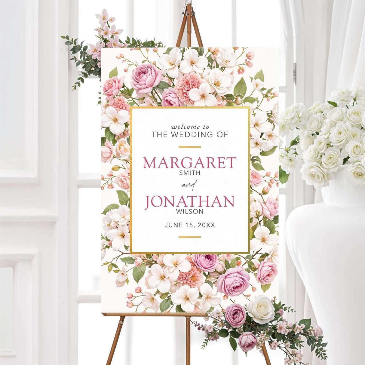 Romantic floral wedding welcome sign with hand-painted watercolor roses, peonies, and gold details. Printed on durable foam core or poster board. Perfect for garden weddings, elegant ballroom receptions, and vintage floral decor.