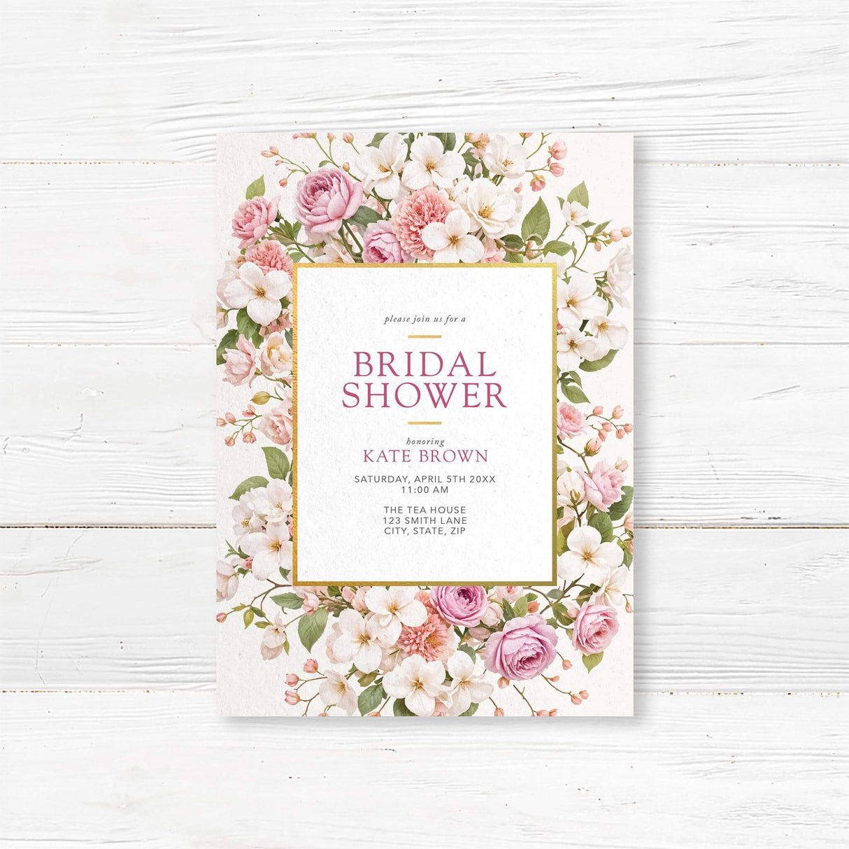 Bridal shower invitation featuring an elegant floral border with pink and white roses and a gold-accented frame. Customizable with the bride’s name and event details, perfect for garden or tea party-themed showers.