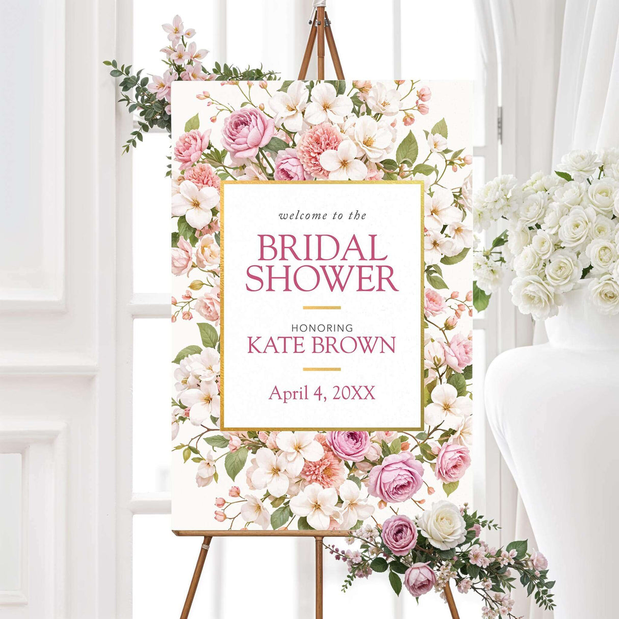 Bridal shower welcome sign featuring a floral border with pink and white roses and gold accents. Customizable with the bride’s name and event date, perfect for garden or tea party-themed bridal showers.