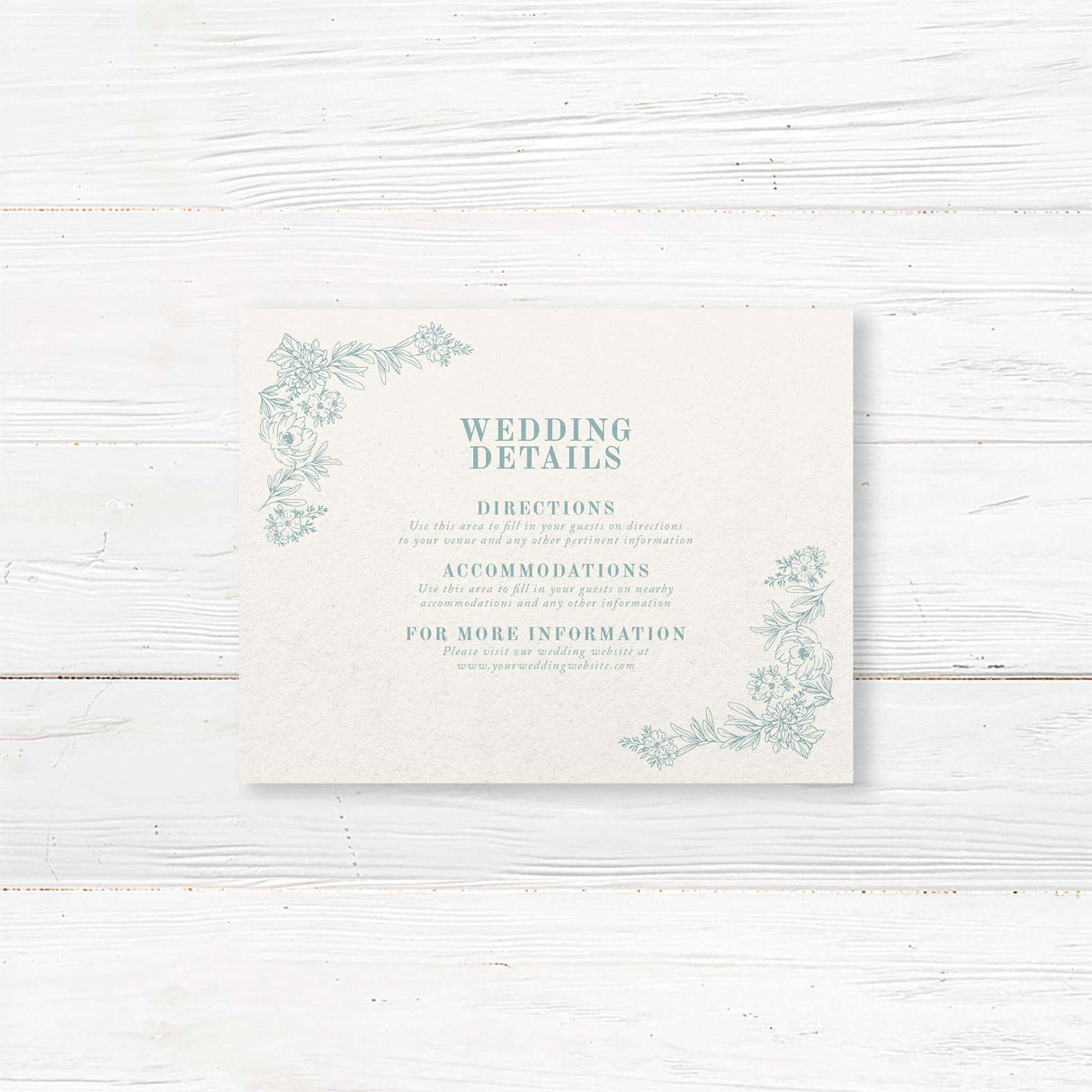 Wedding details card featuring a delicate floral line art design in soft muted tones. Designed to provide guests with essential venue, accommodation, and event information in a stylish and cohesive way.