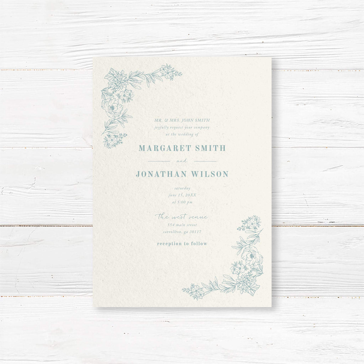 Elegant wedding invitation featuring delicate floral line art in soft muted tones. A minimalist and sophisticated design with elegant typography, perfect for classic, modern, and garden weddings.
