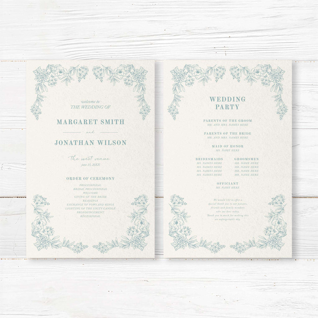 Floral wedding program featuring an elegant line art design with a minimalist aesthetic. The structured layout allows space for ceremony details, wedding party names, and special notes, creating a timeless addition to any wedding.