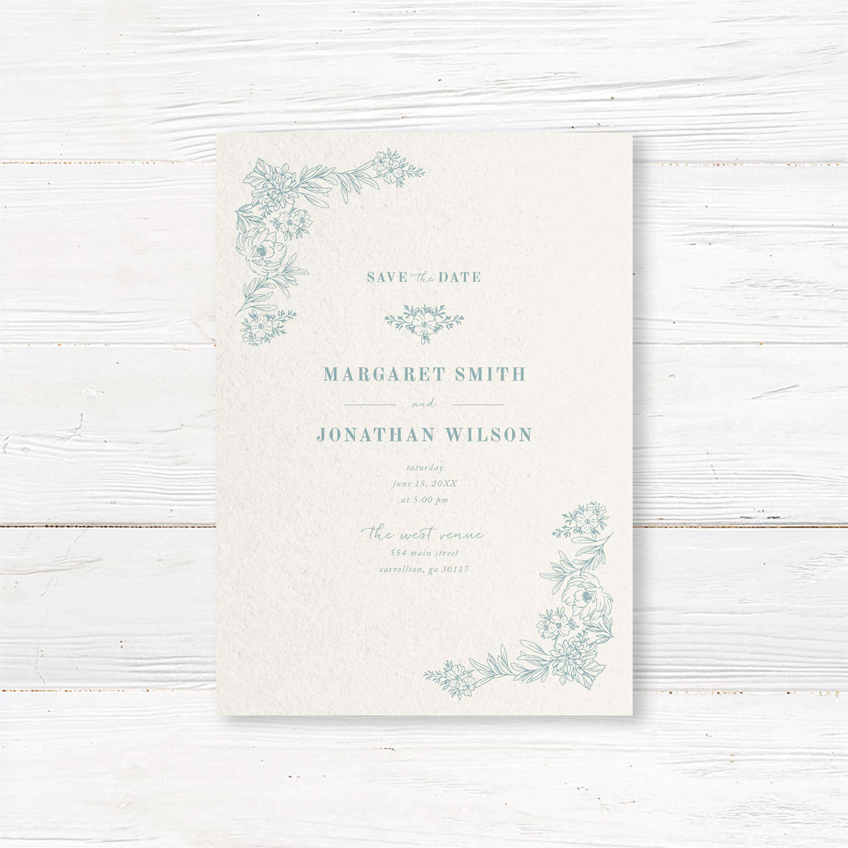 Beautiful Save the Date card featuring a soft floral line art design with an elegant and minimalist layout. A refined and timeless way to announce your wedding day.