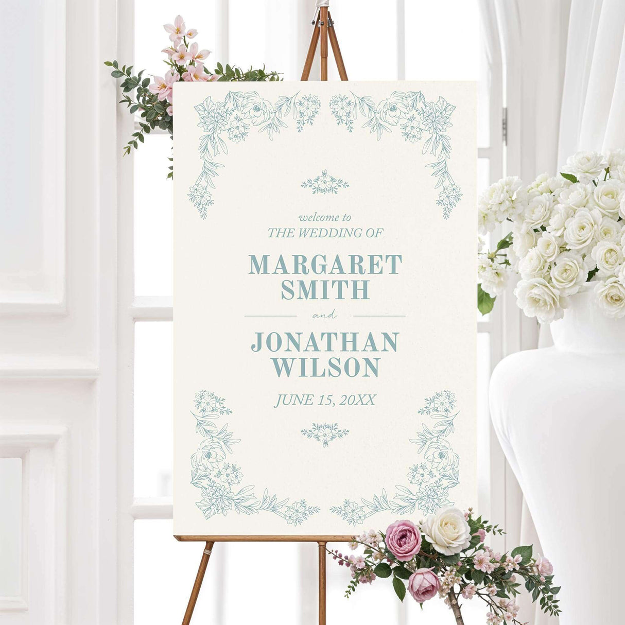 Elegant wedding welcome sign featuring a refined floral line art design with soft botanical accents. A warm and inviting piece to greet guests at the ceremony or reception.