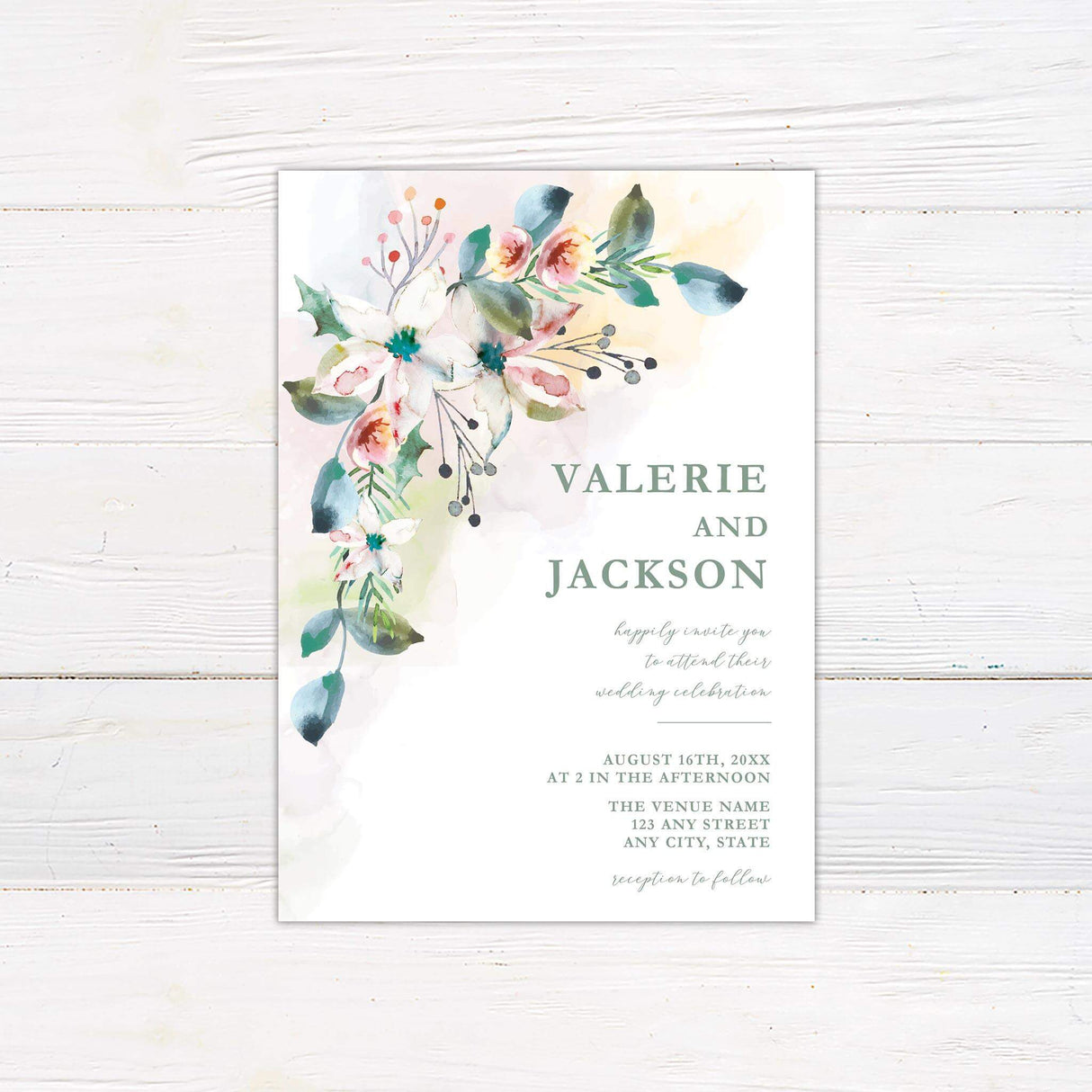 Spring wedding invitation featuring a soft watercolor floral spray of lilies, berries, and greenery in pastel tones with elegant typography.