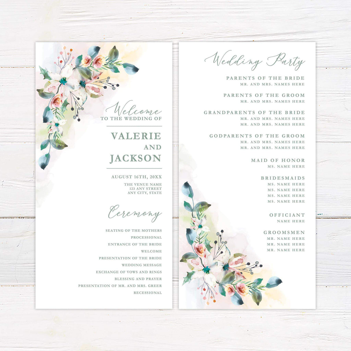 Wedding program with elegant spring floral spray and modern fonts to complement the invitation.