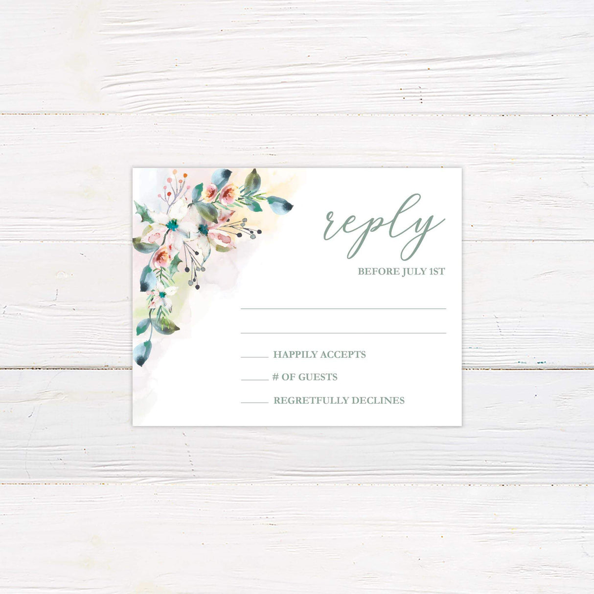 Matching RSVP card with pastel watercolor floral accents and soft script and serif fonts.
