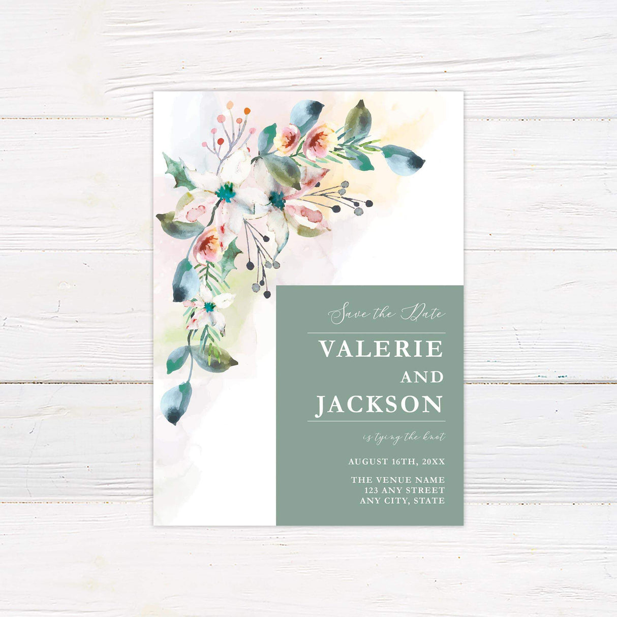 Save the Date card with matching floral illustration and soft spring color palette.