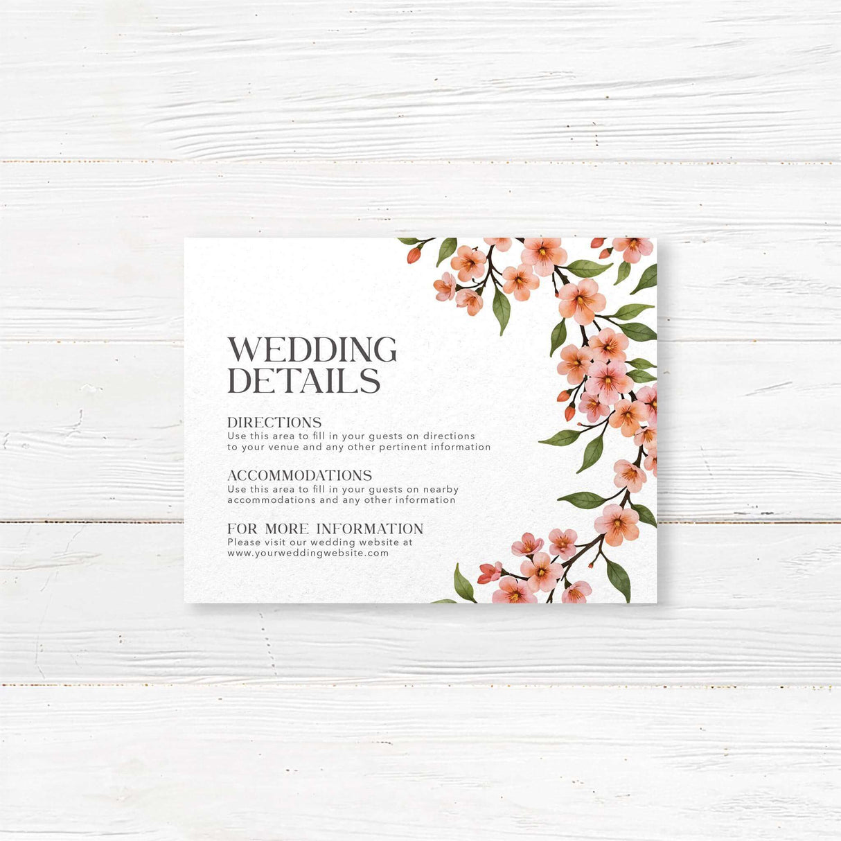 Cherry blossom wedding details card with elegant floral accents and modern serif typography. Perfect for sharing accommodations, wedding website, or reception info. Printed on high-quality cardstock for rustic, botanical, and spring wedding themes. A stylish addition to any wedding invitation suite.