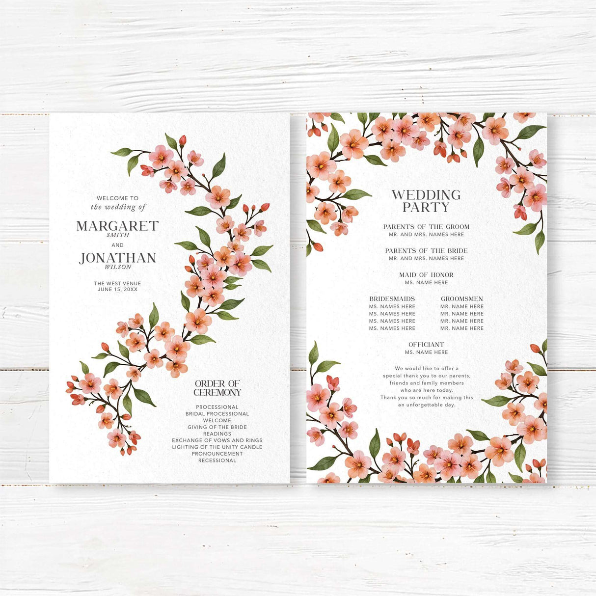 Elegant wedding ceremony program featuring soft watercolor cherry blossoms and stylish typography. Custom printed on premium cardstock. Includes ceremony order, bridal party names, and special messages. Perfect for spring garden weddings, rustic barn ceremonies, and floral wedding themes.