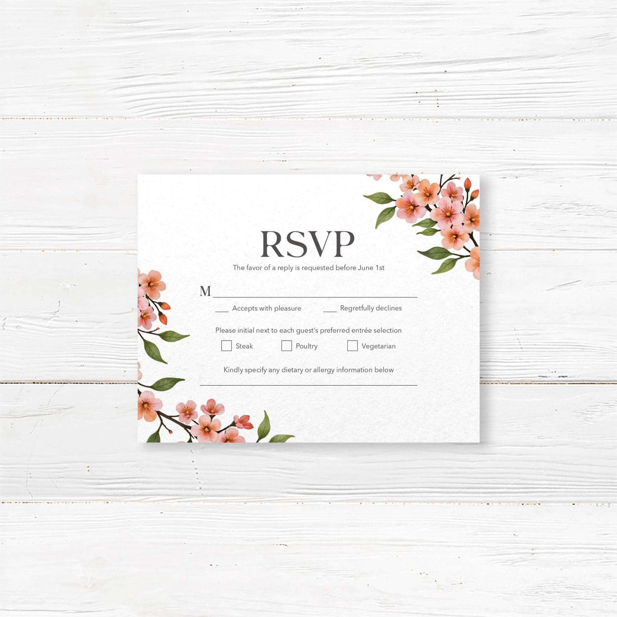 Floral RSVP card with delicate cherry blossom illustrations and classic serif text. Customizable with guest responses and meal selection options. Printed on thick, high-quality cardstock. A perfect complement to rustic, boho, and elegant wedding invitations with a spring floral theme.il