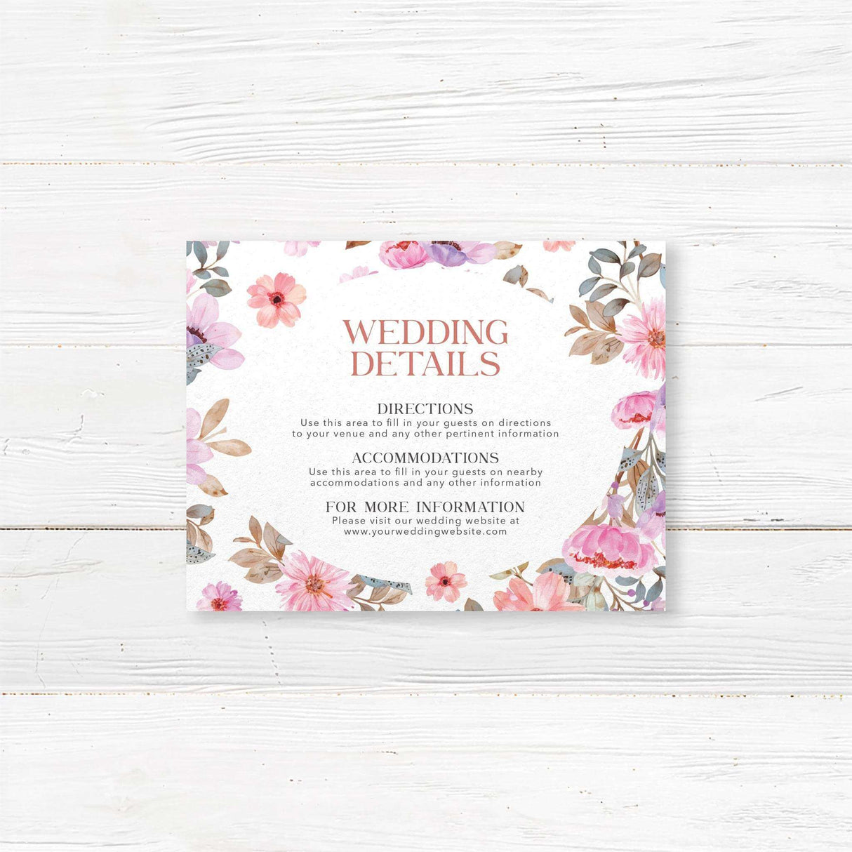 Delicate wedding details card featuring a hand-illustrated floral frame with watercolor flowers. This custom printed information card is perfect for including accommodations, travel directions, wedding itinerary, or RSVP website. Printed on high-quality cardstock, this rustic wedding details insert complements any bohemian, countryside, or woodland wedding suite.