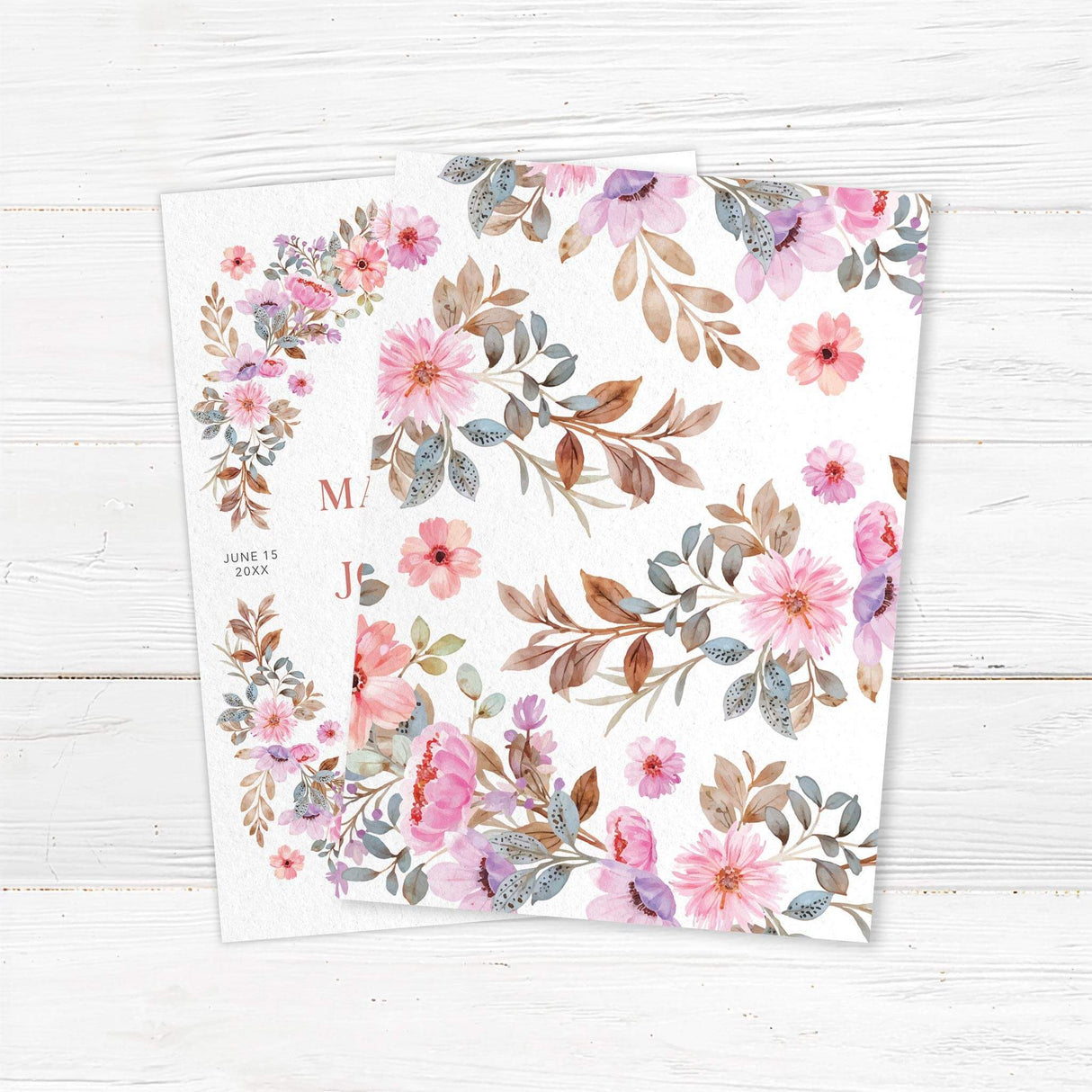 Elegant floral wedding invitation featuring hand-painted watercolor wildflowers in a romantic garland wreath design. Printed on luxury textured cardstock, this boho botanical invitation is perfect for rustic, vintage, country, and garden weddings. Fully customizable with names, wedding date, and venue details to match your wedding theme. back