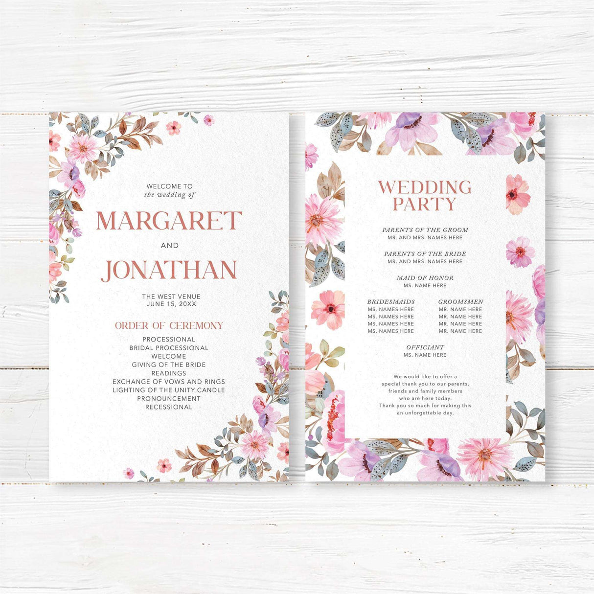 Elegant wedding ceremony program featuring a soft floral watercolor wreath design. Printed on premium quality cardstock, this customized wedding day program includes details about the order of events, bridal party, and special thank-you notes. Perfect for outdoor, vineyard, country, or botanical weddings.