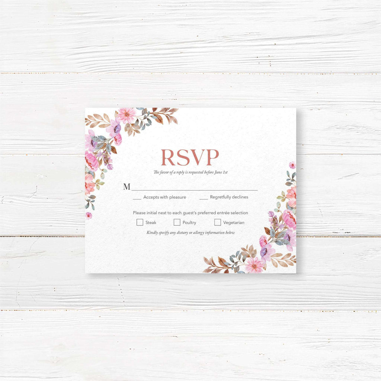 Charming floral RSVP card with a romantic watercolor wildflower border. This custom wedding response card allows guests to confirm attendance and meal preferences. Designed for rustic, vintage, and garden weddings, this personalized RSVP enclosure card is printed on luxury textured paper for an elegant and timeless look.