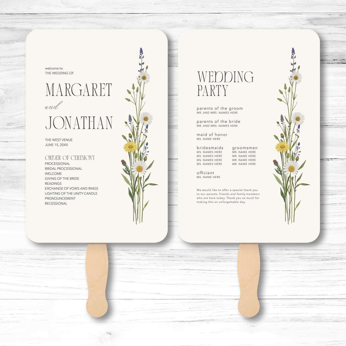 Wildflower wedding program fan with daisies and lavender, wooden handle, double-sided layout for ceremony order and wedding party list