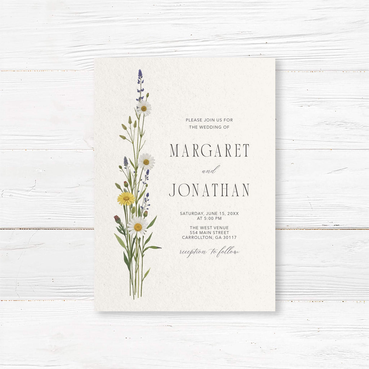 Elegant wedding invitation featuring a delicate watercolor wildflower bouquet with daisies, lavender, and greenery. A minimalist layout with soft floral accents creates a romantic and timeless design, perfect for rustic, garden, and nature-inspired weddings.
