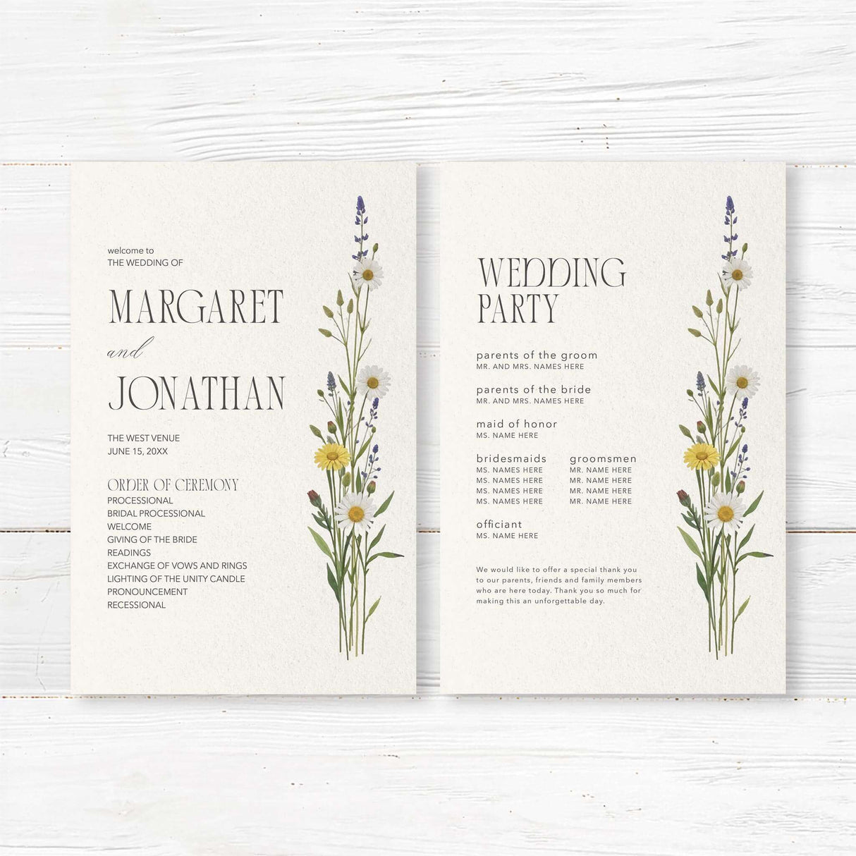 Floral wedding program featuring an elegant wildflower bouquet design. The organized layout allows space for ceremony details, wedding party names, and special notes, creating a timeless addition to any rustic or garden wedding.
