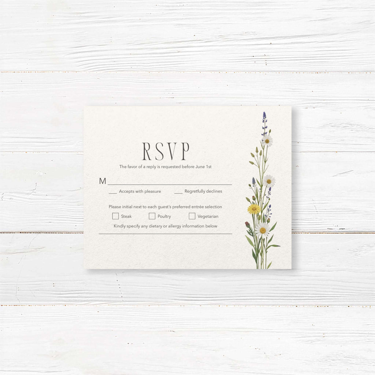 Beautiful RSVP card with a matching wildflower bouquet design. A clean and elegant layout makes it easy for guests to respond while complementing a floral or countryside wedding theme.