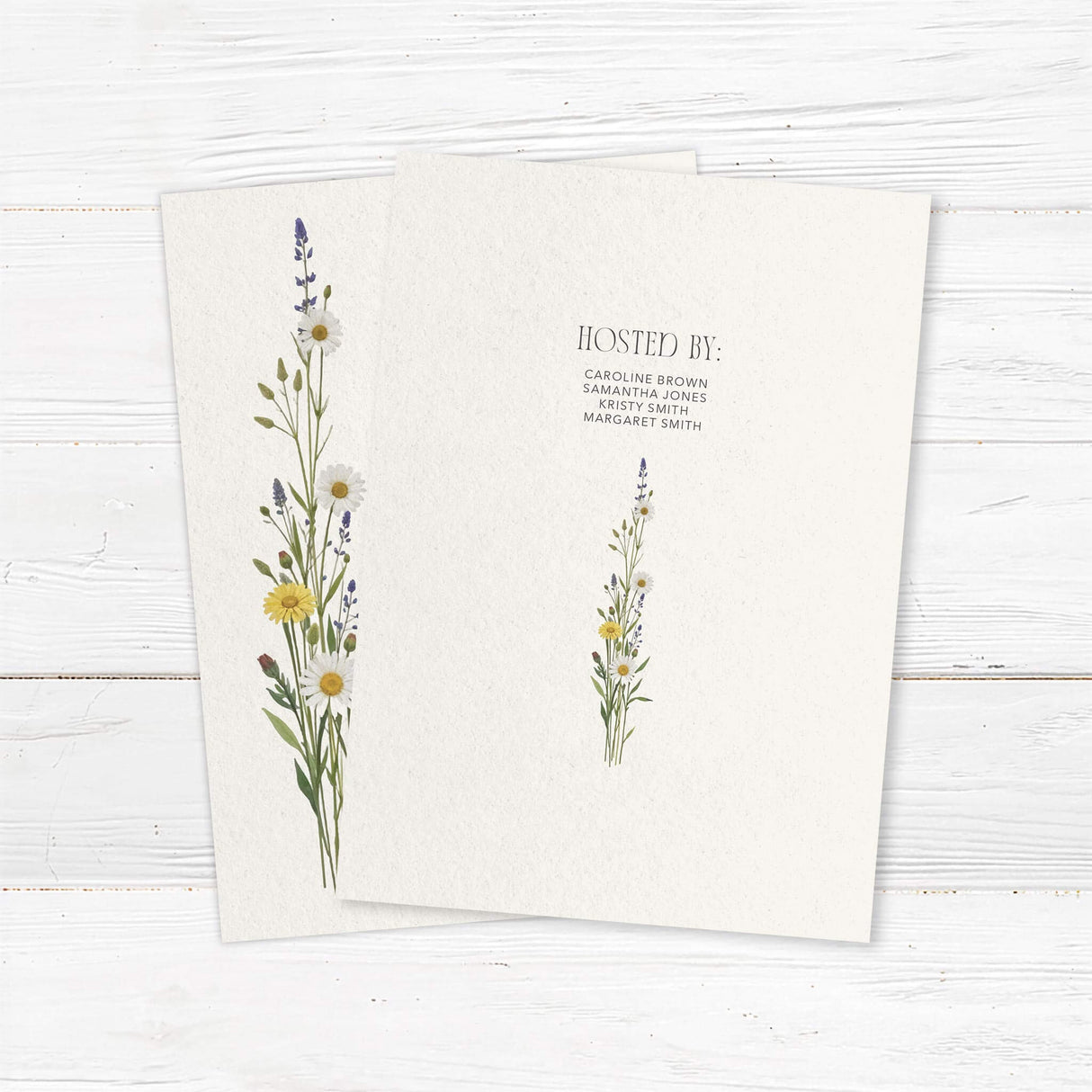 Minimalist bridal shower invitation featuring delicate wildflowers and elegant script typography. Customizable with the bride’s name and event details, perfect for rustic or garden-themed showers. Back.
