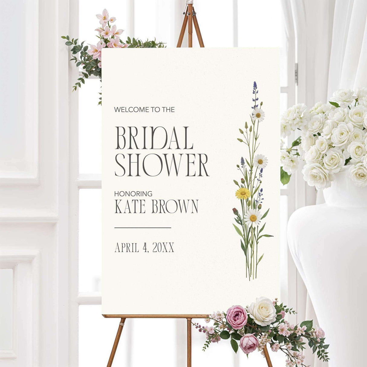 Bridal shower welcome sign featuring a minimalist wildflower arrangement with elegant script typography. Customizable with the bride’s name and event details, perfect for rustic or garden-themed bridal showers.