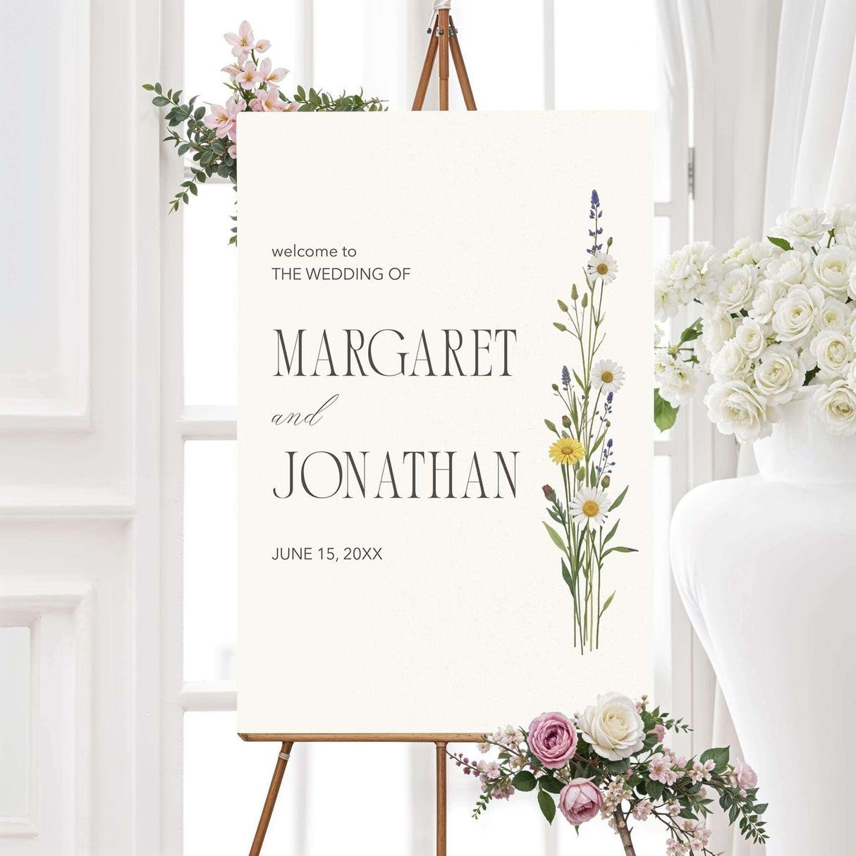 Elegant wedding welcome sign featuring a romantic watercolor wildflower bouquet with soft floral and greenery accents. A warm and inviting design to greet guests at the ceremony or reception.
