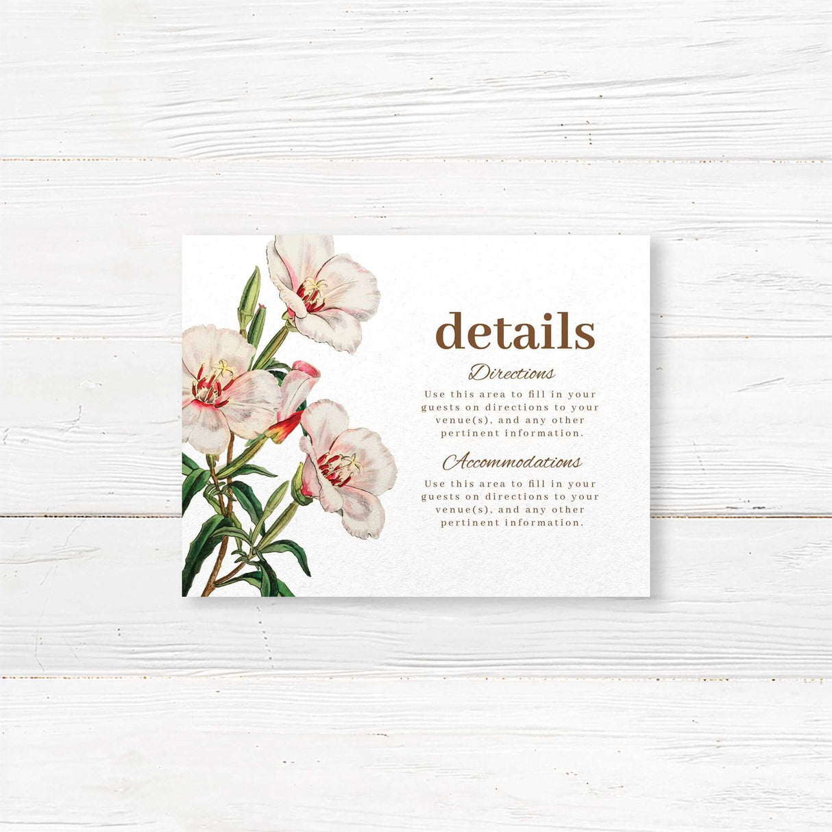 Wedding detail card with light pink watercolor florals, clean serif text, and a soft white background. Matches Spring in Bloom invitation suite. Ideal for travel or info.
