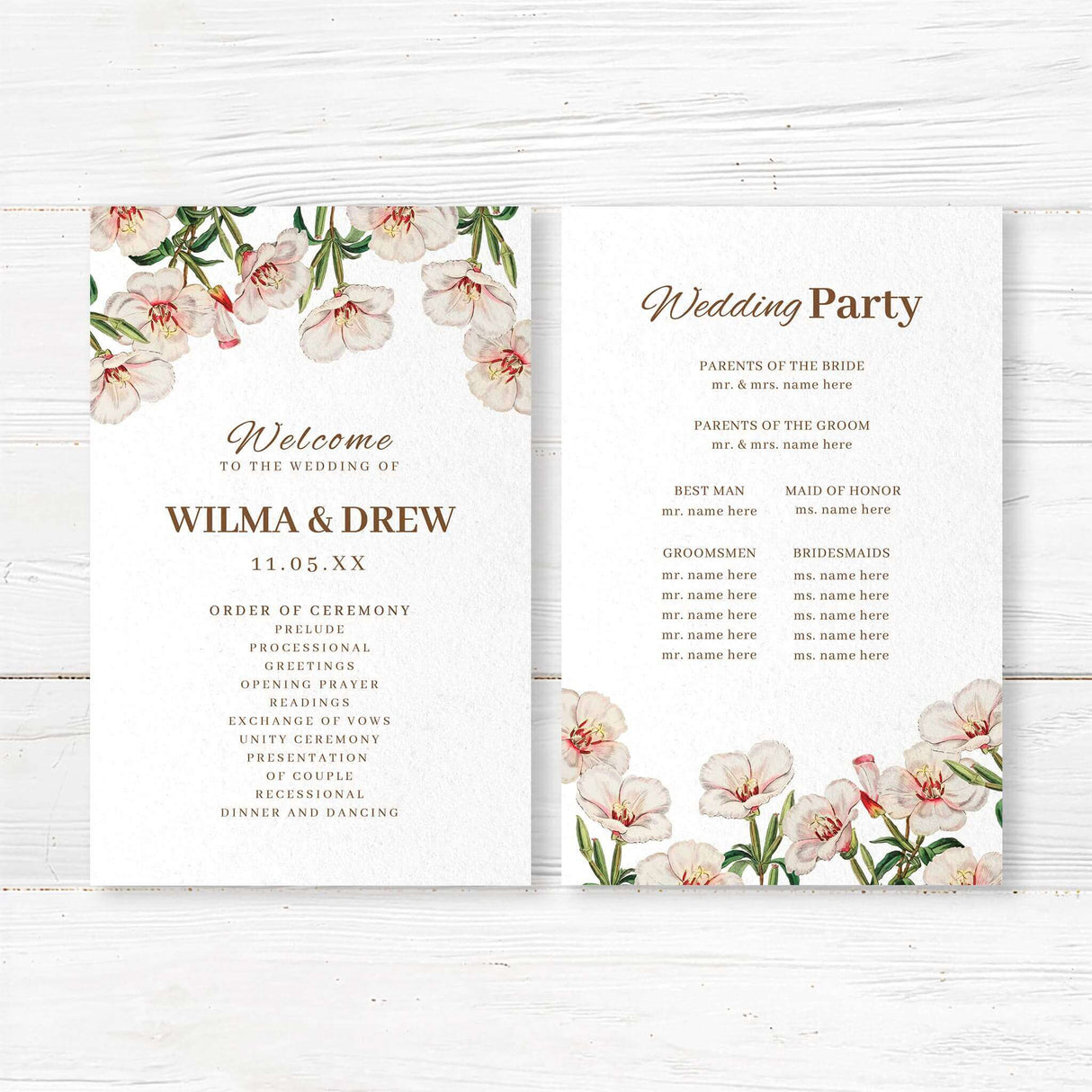 Wedding program card with pastel spring watercolor florals and serif text. Includes ceremony details and wedding party. Matches Spring in Bloom stationery suite.