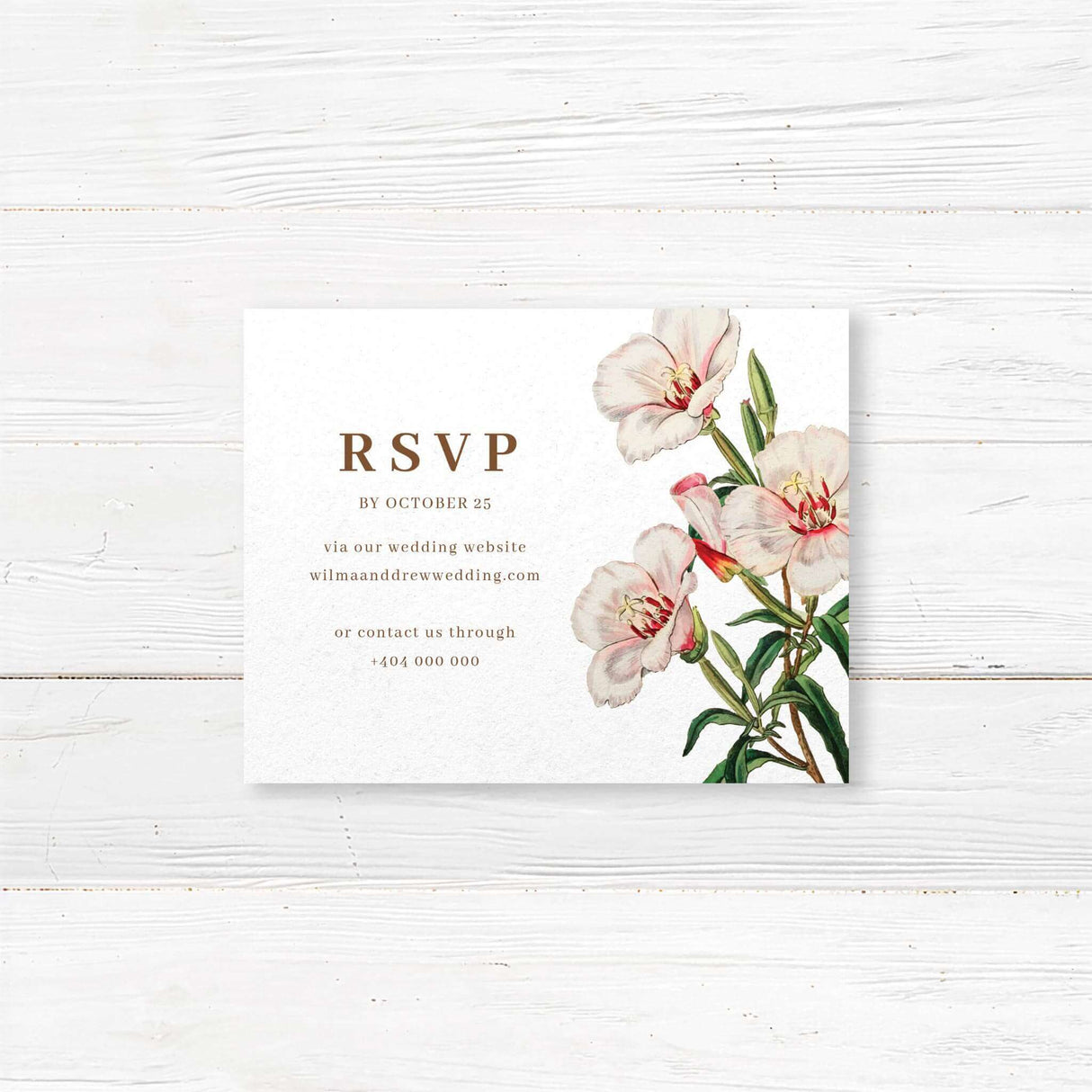 RSVP card with soft watercolor blossoms and classic serif fonts on white cardstock. Matches Spring in Bloom wedding suite. Includes customizable response options.