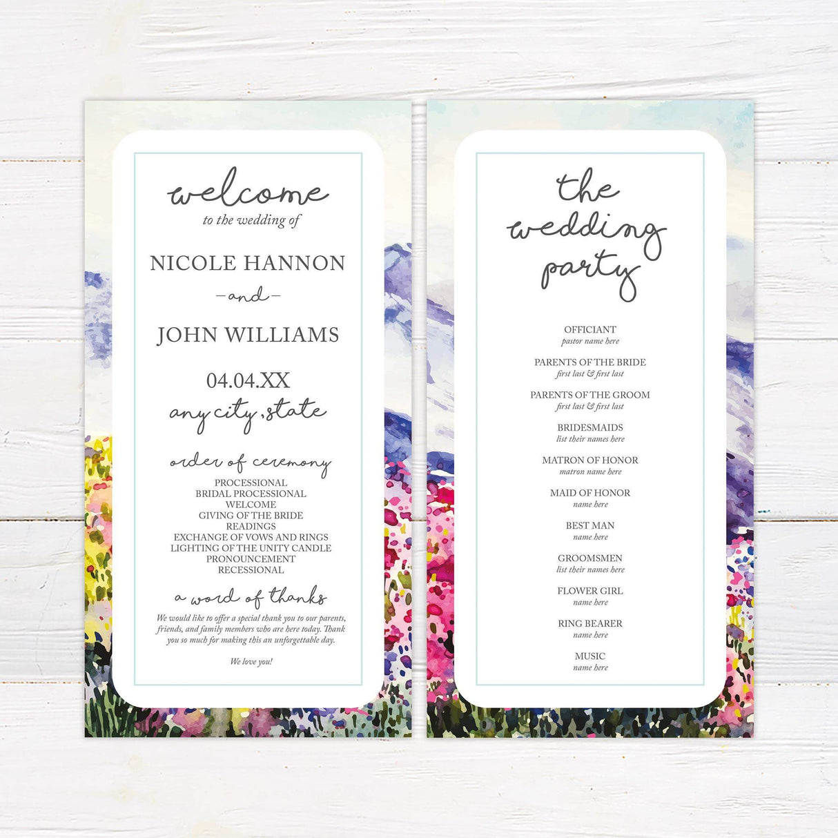 Wedding program with matching watercolor wildflowers and elegant type.