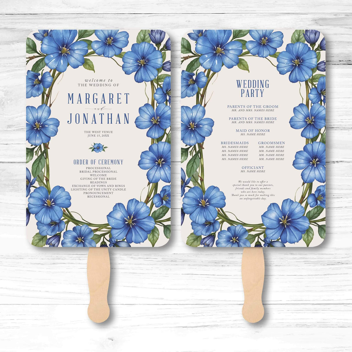 Elegant floral wedding program fan with botanical illustrations, wooden handle, and double-sided layout for ceremony and wedding party information