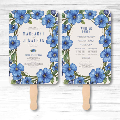 Elegant floral wedding program fan with botanical illustrations, wooden handle, and double-sided layout for ceremony and wedding party information