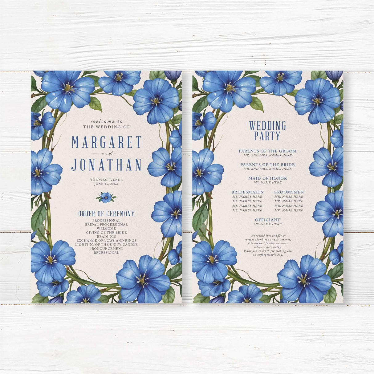 Beautifully printed wedding program showcasing your ceremony details in an artistic floral layout. Available in flat or folded formats, this high-quality program includes the order of events, bridal party names, and a heartfelt thank-you message. Designed to match any boho, rustic, vintage, or modern wedding theme. Professionally printed on premium cardstock.