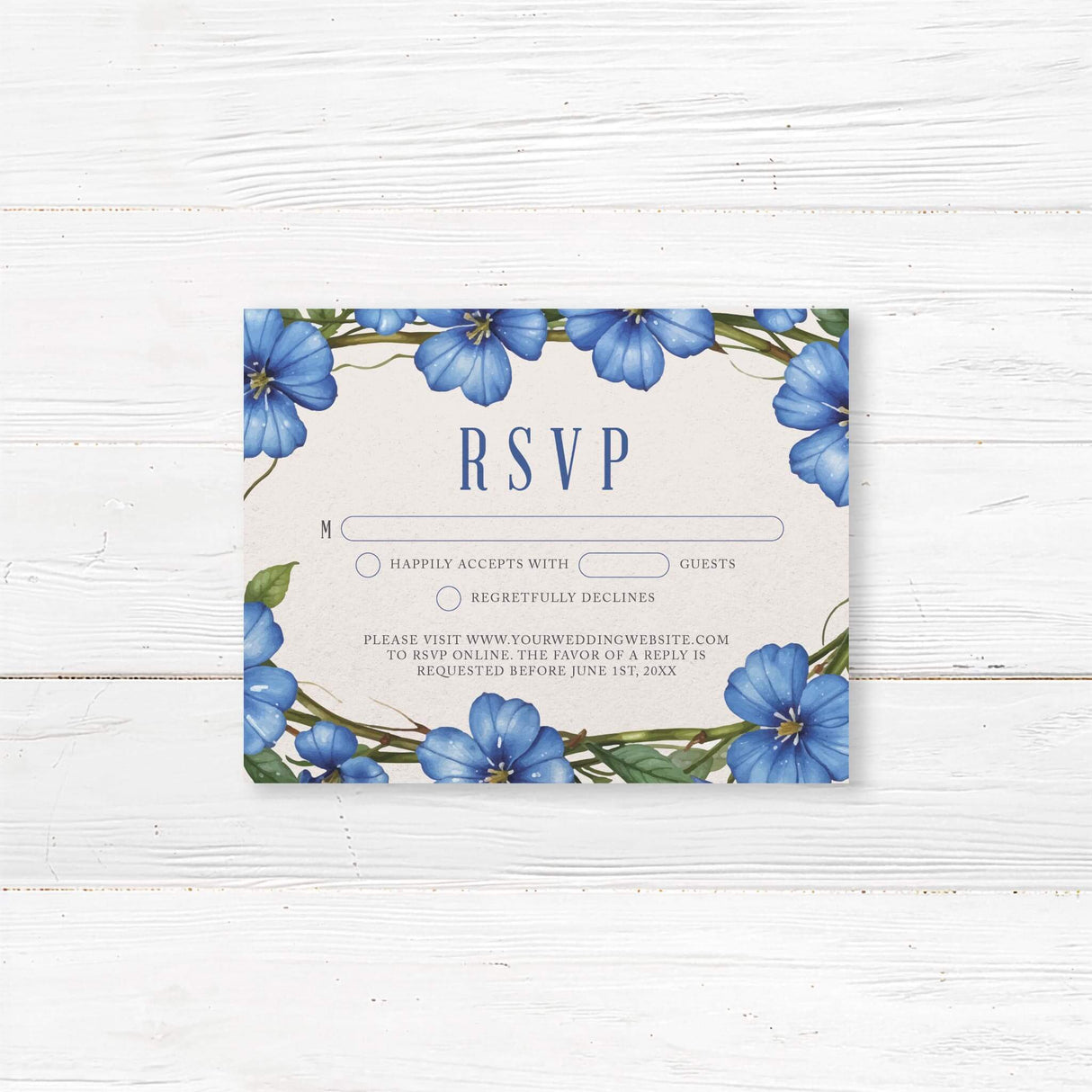 Stylish RSVP card with elegant typography and floral accents, printed on thick cardstock for a premium feel. Features customizable response options, including guest attendance confirmation, meal selections, and special requests. Perfect for garden weddings, traditional ceremonies, or black-tie events. Available with matching return envelopes.